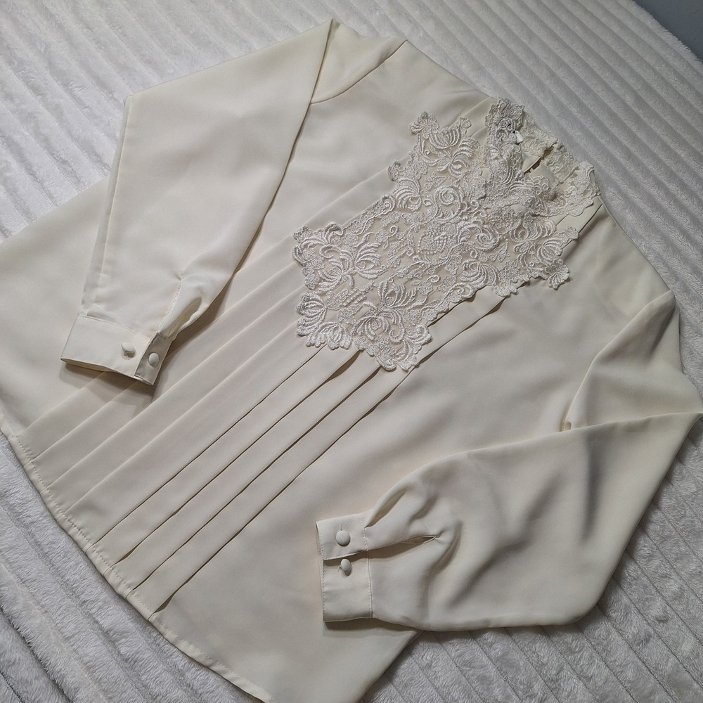 Vtg‎ Victorian High Neck Lace Blouse Womens 8 Petite Ivory Romantic Coquette